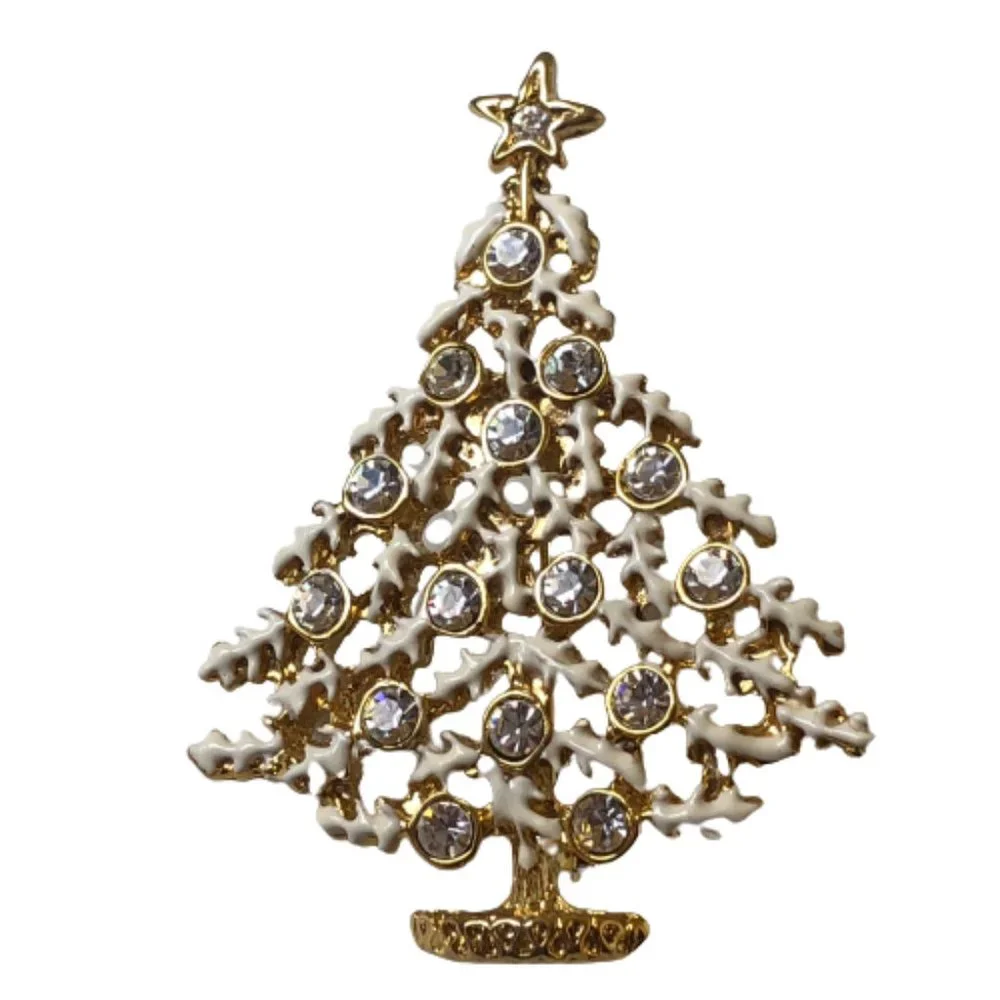 Vintage Christmas Tree Brooch Pin White Enamel & Clear Rhinestones
